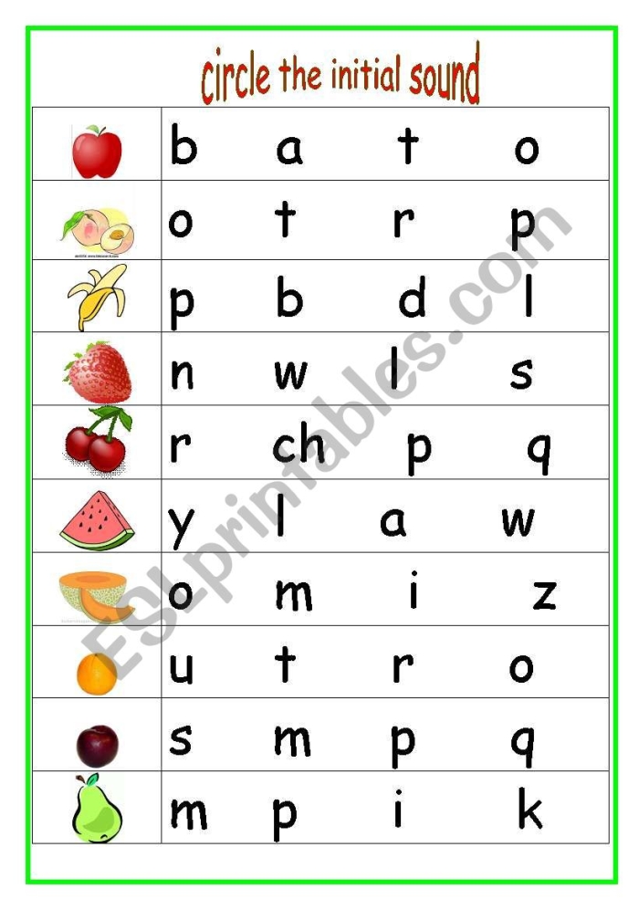 Kindergarten phonics worksheet focused on circling correct beginning letter sounds for division level 8
