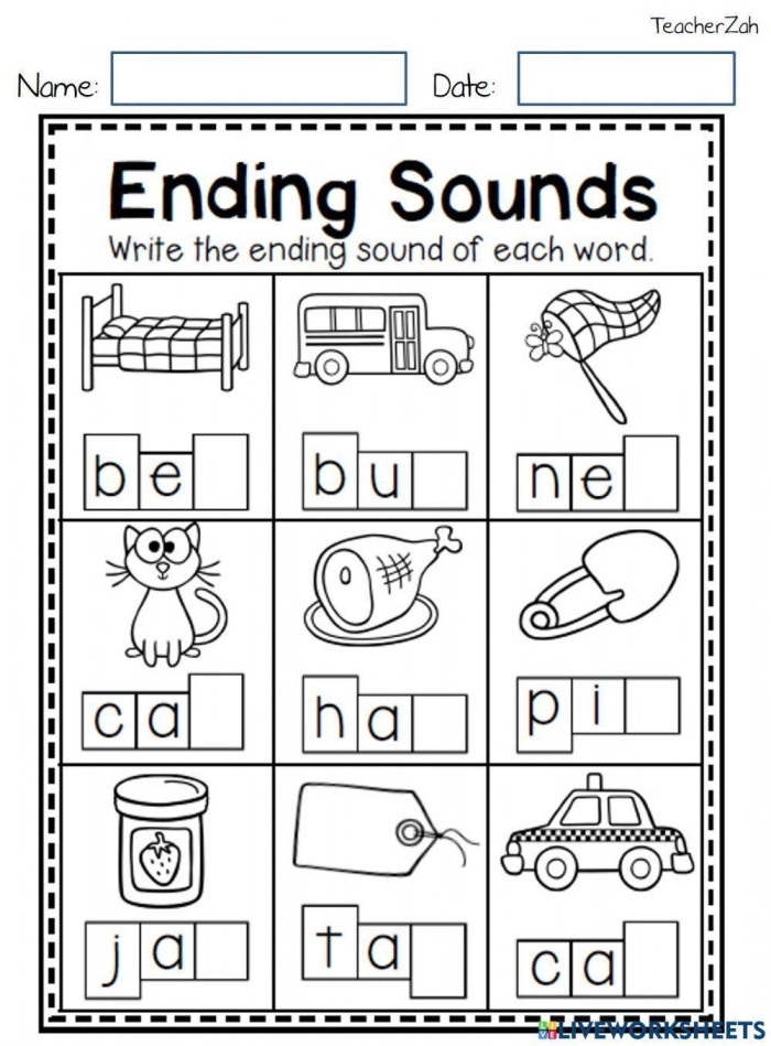 Kindergarten student worksheet for practicing beginning letter sounds with picture identification