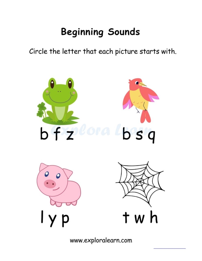 Kindergarten phonics worksheet focused on circling correct beginning letter sounds for division themed words