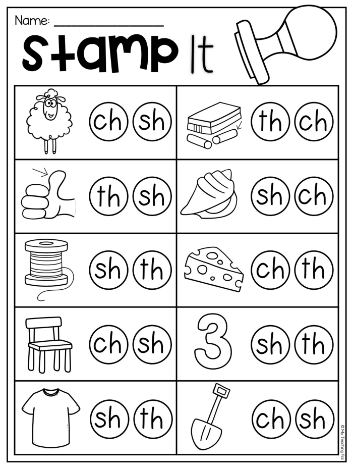 Kindergarten worksheet for sorting blends and digraphs to enhance phonics skills