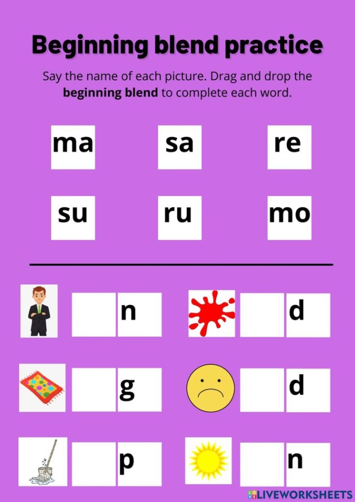 Beginning Blends Practice Activity for Early Readers Worksheet Five Kindergarten students practice beginning consonant blends with pictures of frog prince and snake on review worksheet