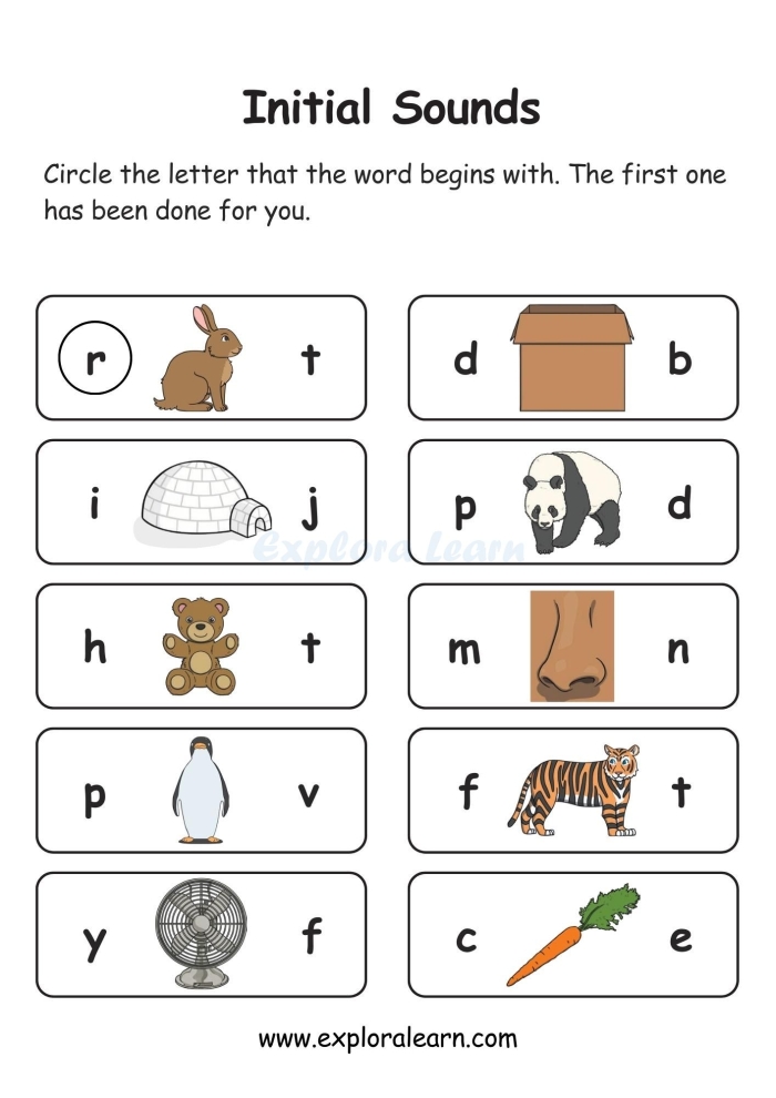 Kindergarten worksheet featuring a Circle That Sound division activity for identifying beginning letter phonics
