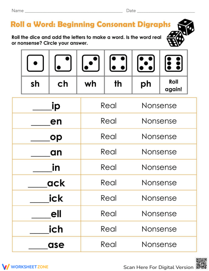 Roll a Word Beginning Consonant Digraphs Grammar Worksheet 21 Kindergarten phonics worksheet focused on practicing beginning consonant digraphs through a roll a word game