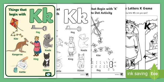 Colorful worksheet featuring items that start with the letter K for preschool phonics practice