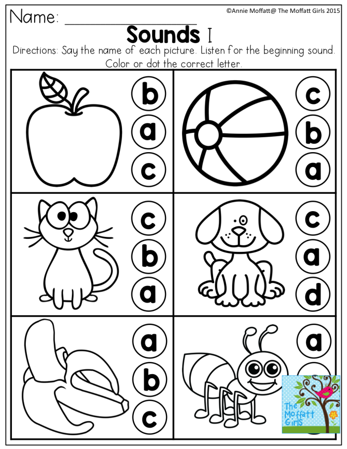 Beginning Sounds worksheet for kids featuring pictures to identify phonics. Educational resource for Kindergarten students focusing on letter sounds.
