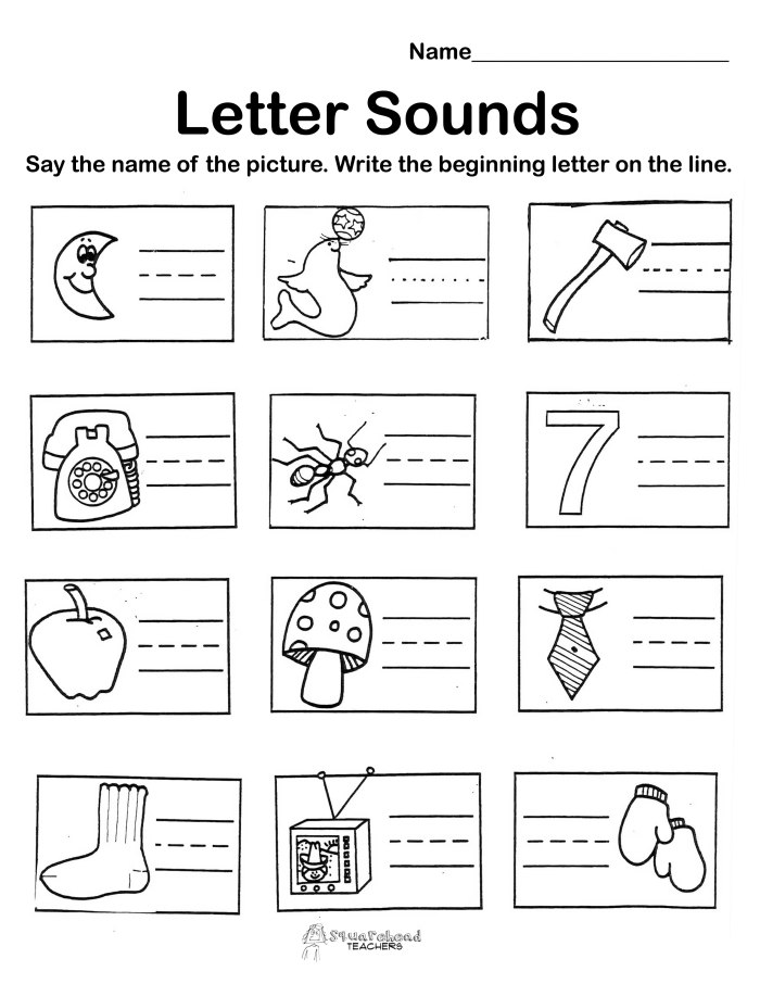 Kindergarten student matching letters to beginning sounds on a review worksheet