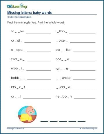 Worksheet for finding the missing middle letter in phonics exercises for kindergarten