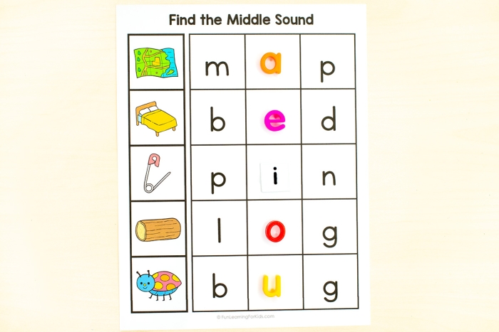Worksheet to practice finding the missing middle consonant letters for phonics skills