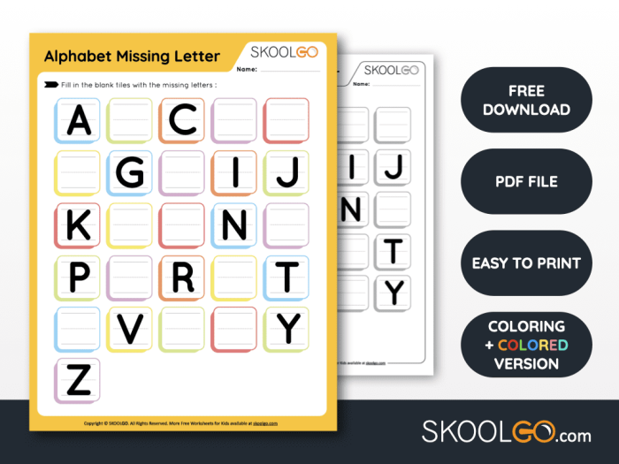 Colorful Find the Missing Letter worksheet for kindergarten students