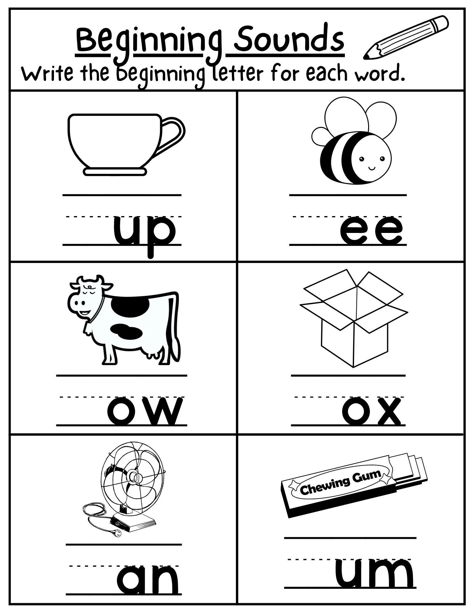Kindergarten phonics worksheet featuring adorable animals with missing beginning letters for students to fill in