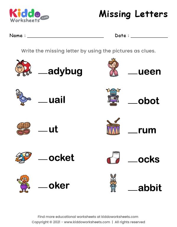 Kindergarten Find the Missing Letter worksheet to enhance reading skills