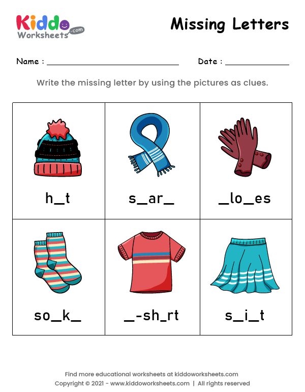 Kindergarten student completing a Find the Missing Letter worksheet to practice reading and writing