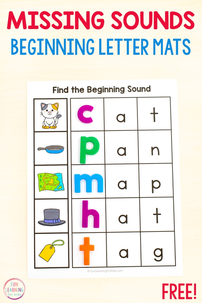 Worksheet for identifying missing middle letters in words for kindergarten phonics practice