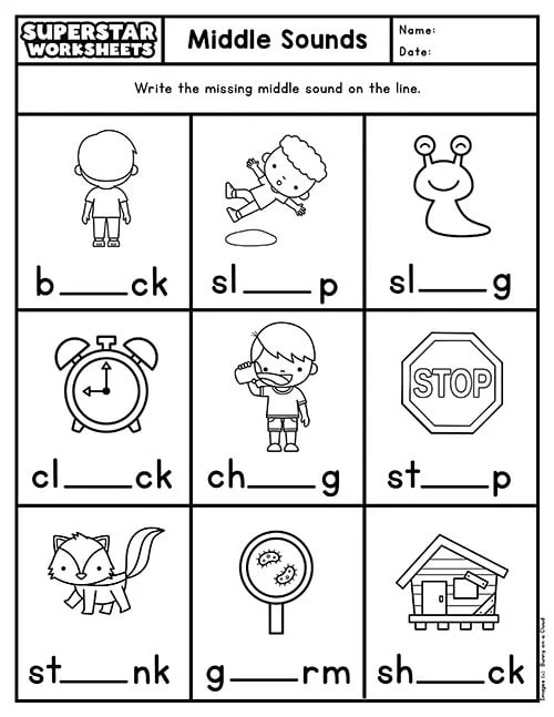 Worksheet for finding the missing middle letter in phonics exercises for kindergarten students