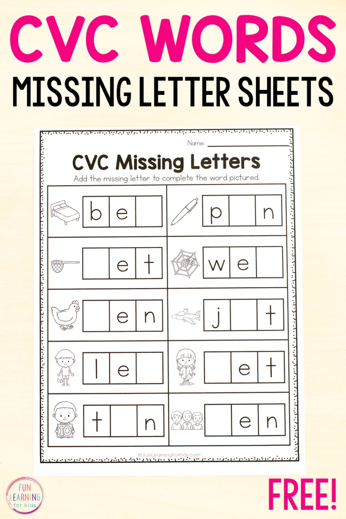 Worksheet for finding missing middle letters in words to enhance phonics skills
