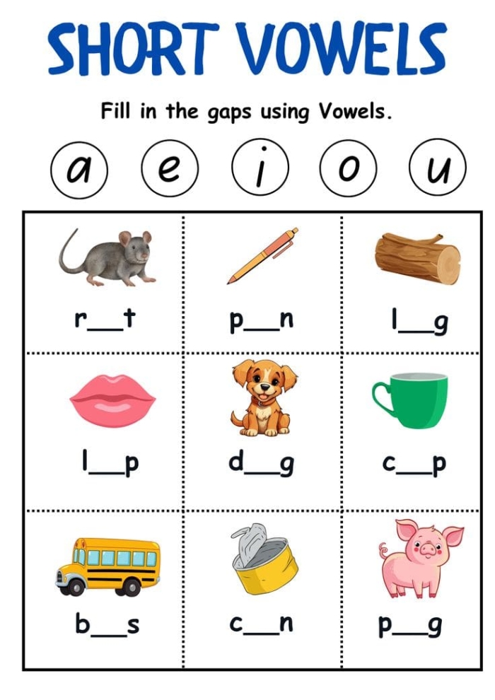 Short vowel worksheet for kindergarten students with missing vowels to fill in
