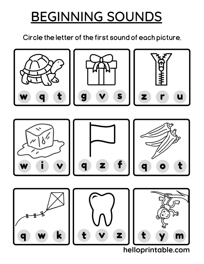 Kindergarten phonics worksheet featuring picture-based beginning sounds matching exercises