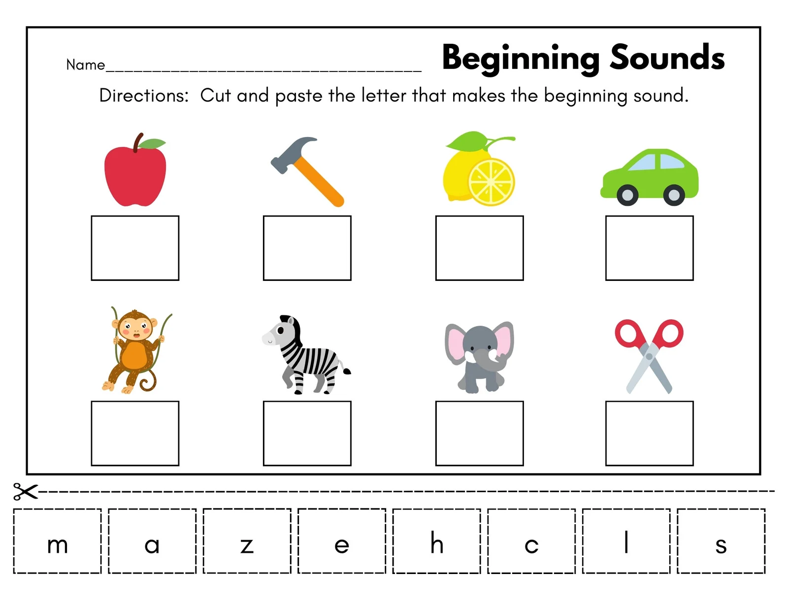 Kindergarten worksheet featuring exercises to identify beginning sounds for letters R, S, and T