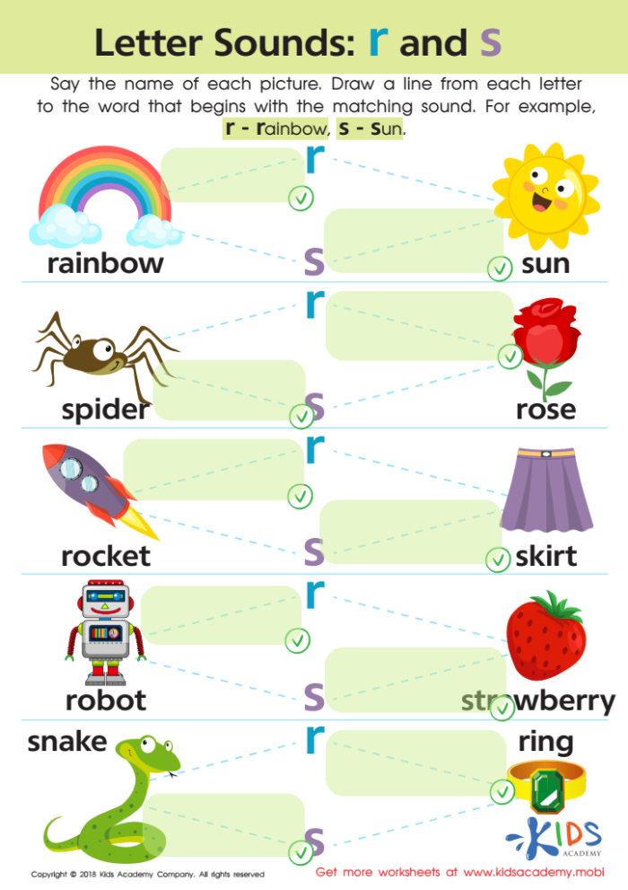 Worksheet for practicing beginning sounds of letters R, S, and T for kindergarten students