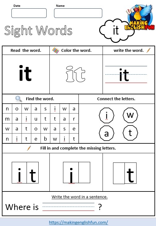 Kindergarten phonics worksheet focused on writing the sight word it for life science practice