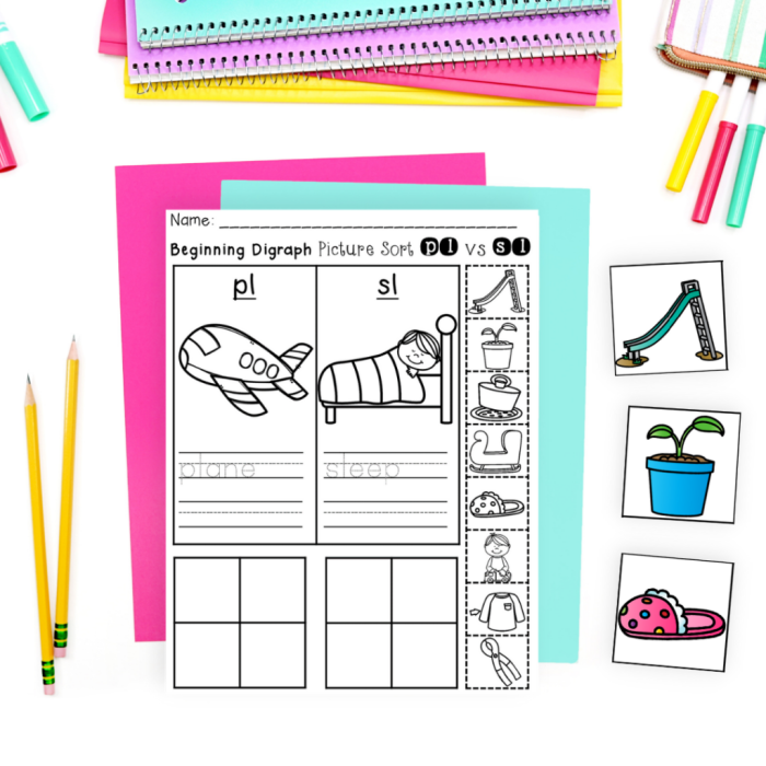 Sorting Blends & Digraphs worksheet for kindergarten phonics practice