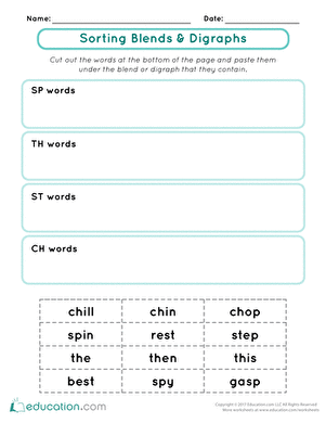 Kindergarten students practicing sorting blends and digraphs on a phonics worksheet