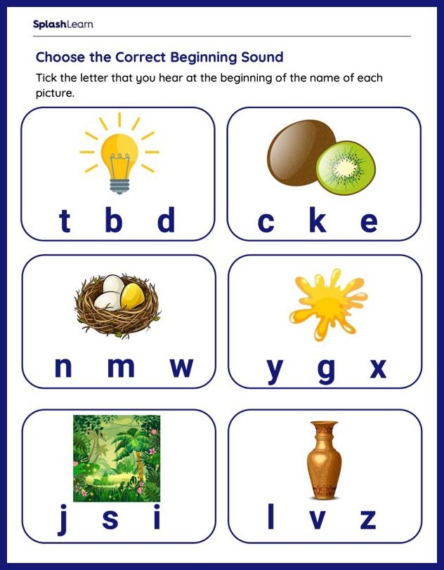 Kindergarten student circling pictures that begin with specific letter sounds in a phonics matching activity