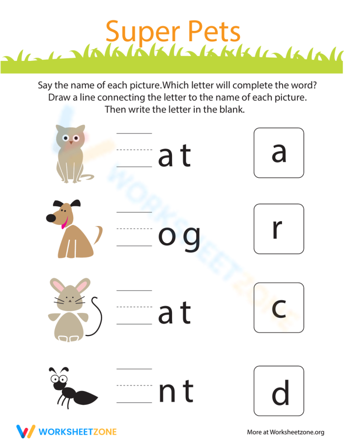 Kindergarten phonics worksheet featuring adorable super pets with missing first letters to fill in.
