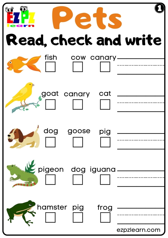 Worksheet image featuring missing letters in animal names for kids to complete. Write the Missing Letter: Super Pets phonics worksheet for kindergarten students.