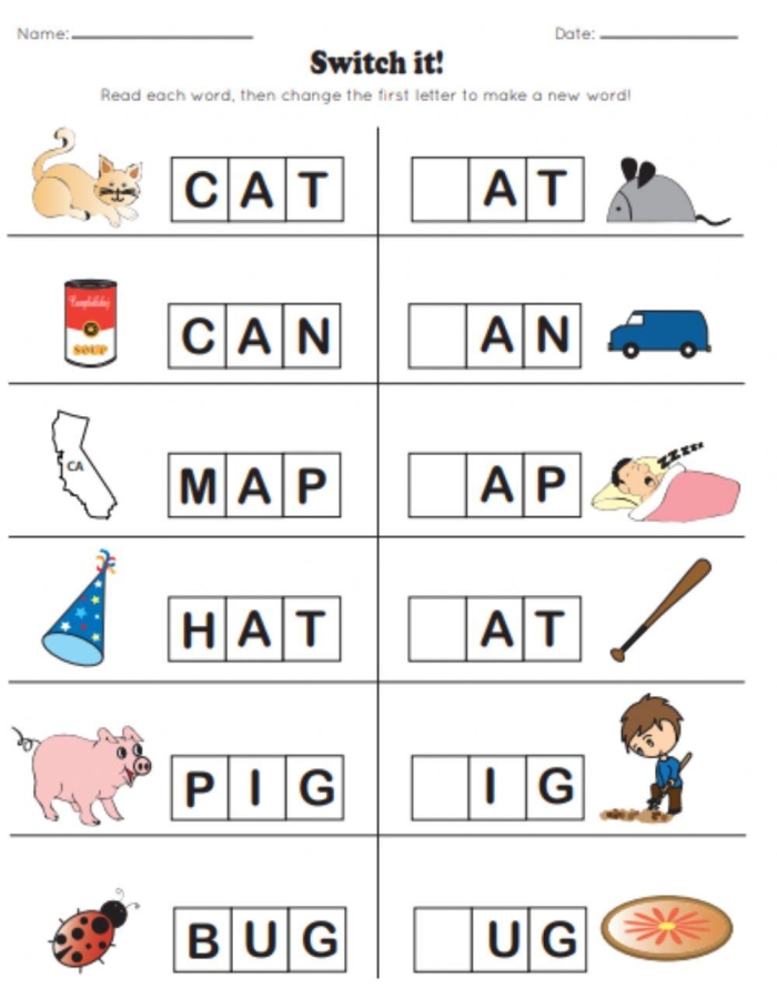 Kindergarten Switch it worksheet for practicing beginning letter sounds and spelling