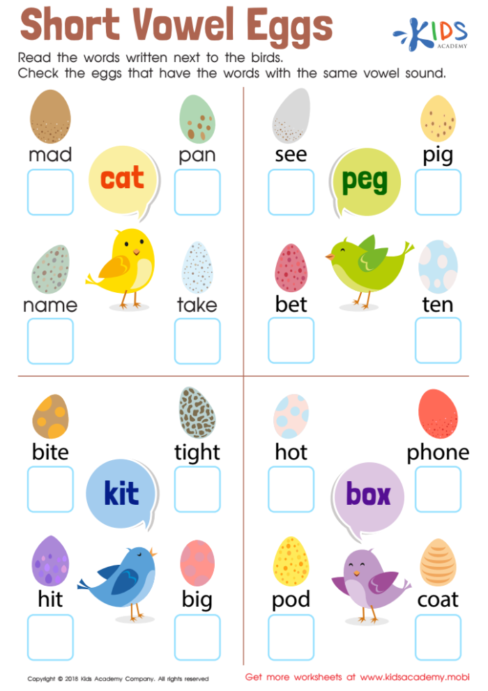 Kindergarten student circling short vowel sounds on a phonics worksheet