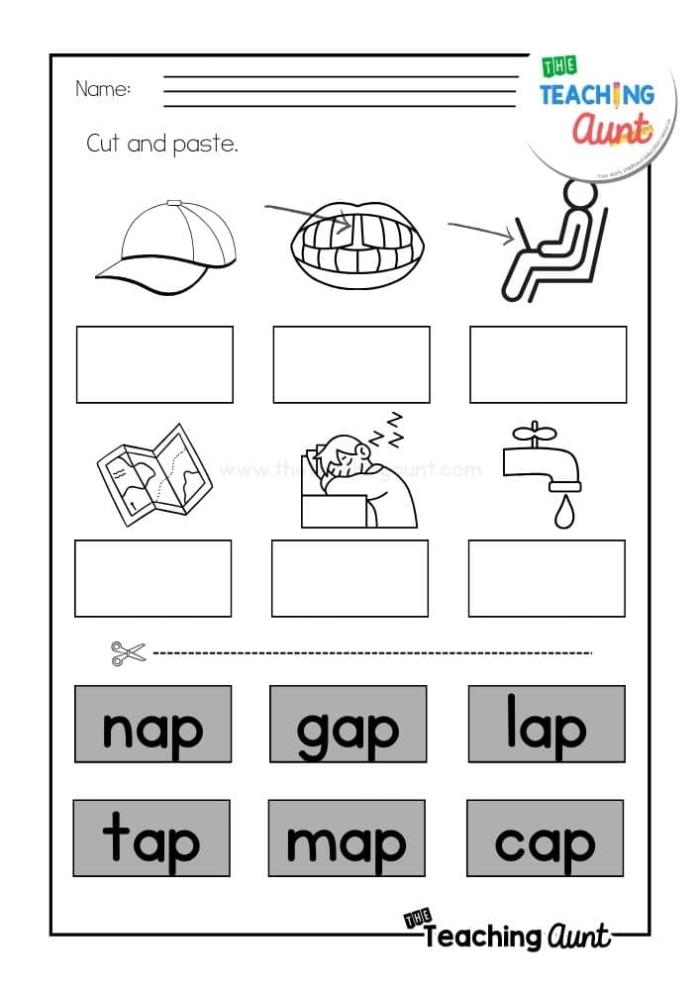 Returning Rhyme II Worksheet for Kindergarten Phonics Practice 25 Kindergarten student filling out a phonics worksheet featuring at, an, ap and ad word families