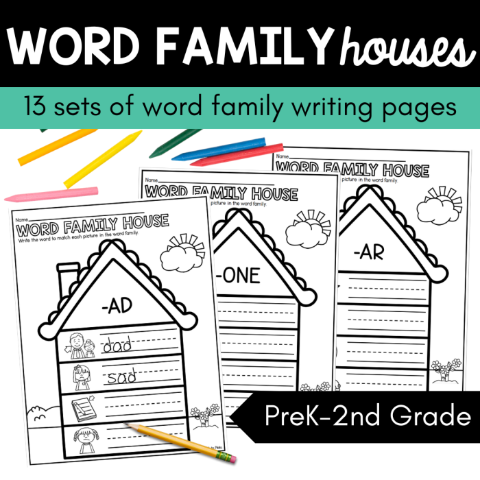 Kindergarten students sorting cut and paste word family houses for -at and -ay phonics practice