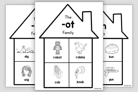 Kindergarten students sorting cut-and-paste words into -at and -ay house columns on a spelling worksheet