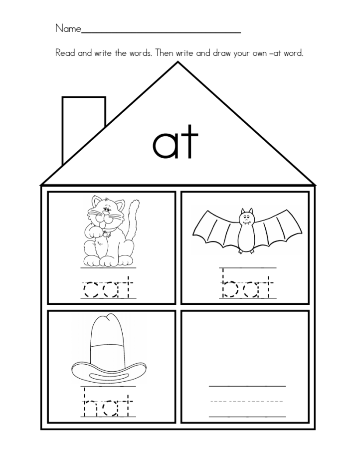 Colorful My -at and -ay Word Family Houses worksheet for kindergarten students