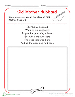 Kindergarten phonics worksheet featuring the Old Mother Hubbard poem with space for students to draw their own illustration