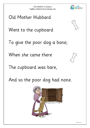 Kindergarten phonics worksheet featuring the Old Mother Hubbard poem with space for students to draw 19