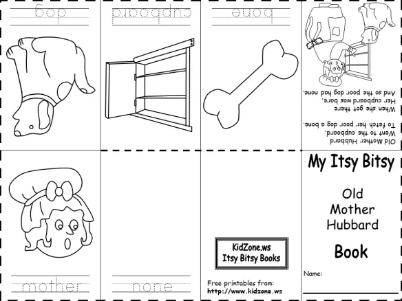 Kindergarten phonics worksheet featuring the Old Mother Hubbard poem with a blank space for drawing