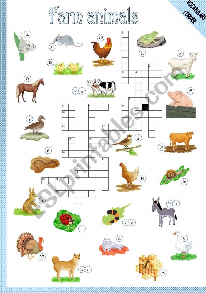 Picture crossword puzzle worksheet featuring farm animals with visual clues for kindergarten students to identify and fill in answers
