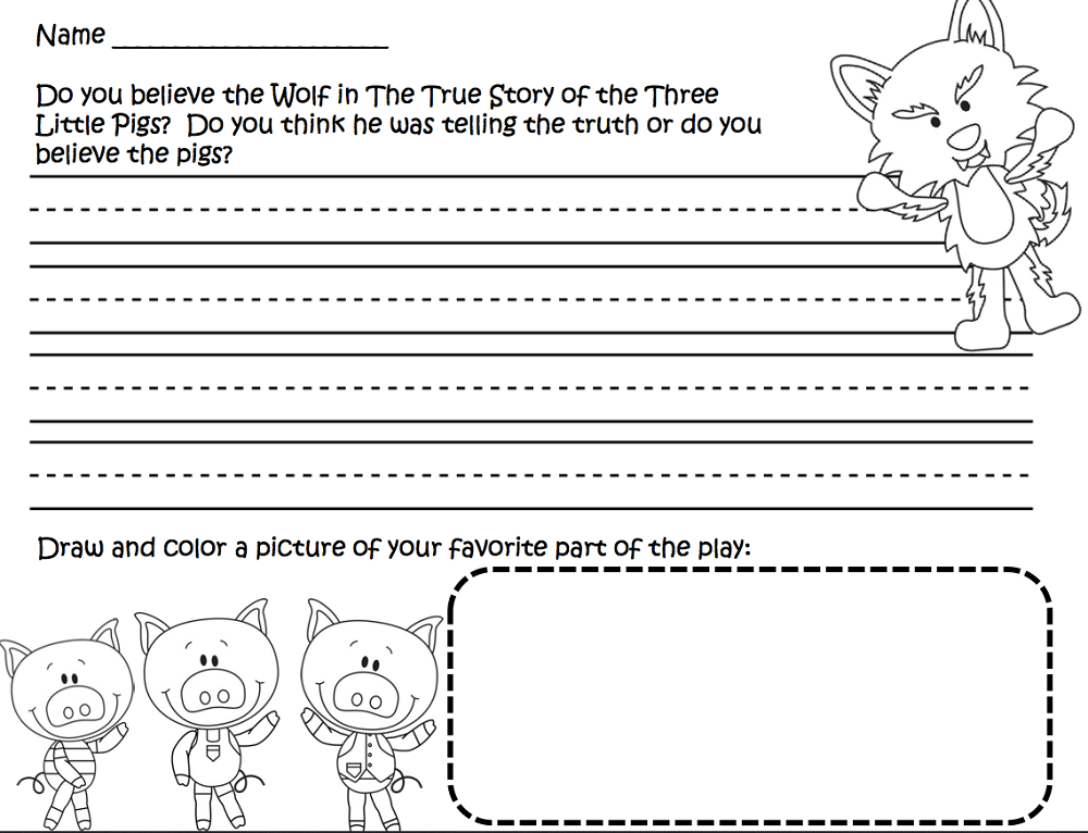Kindergarten spelling worksheet featuring The Three Little Pigs story with cut-out finger puppets