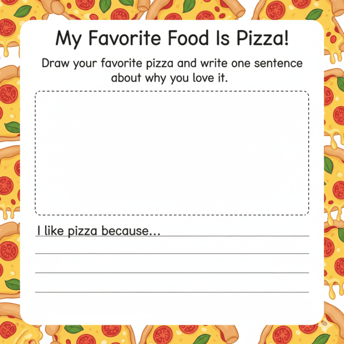 Engaging My Favorite Pizza worksheet for subtraction practice in kindergarten Colorful worksheet for kindergarteners to express their favorite pizza choices through writing