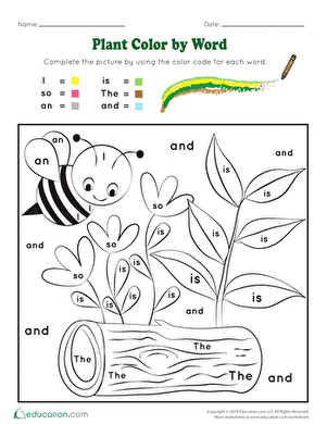Plant-themed color-by-word activity designed for young learners to practice high-frequency words Color-by-word worksheet featuring plants to enhance sight word recognition for kindergarten students