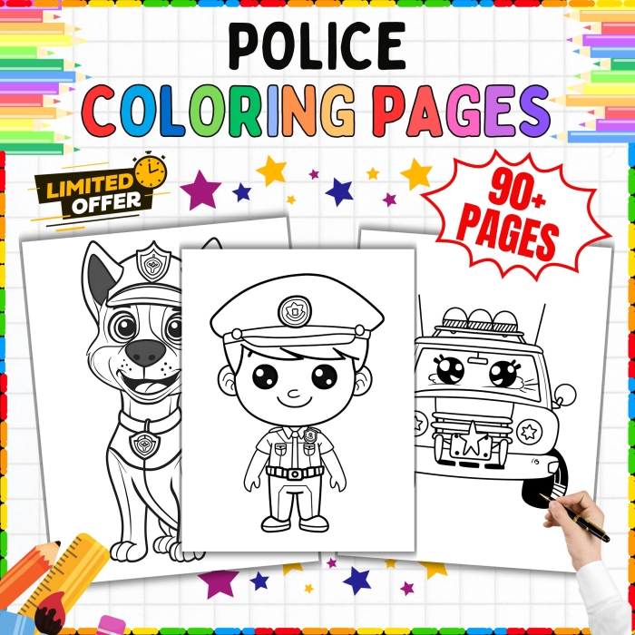 Kindergarten students coloring a page featuring friendly male and female police officers
