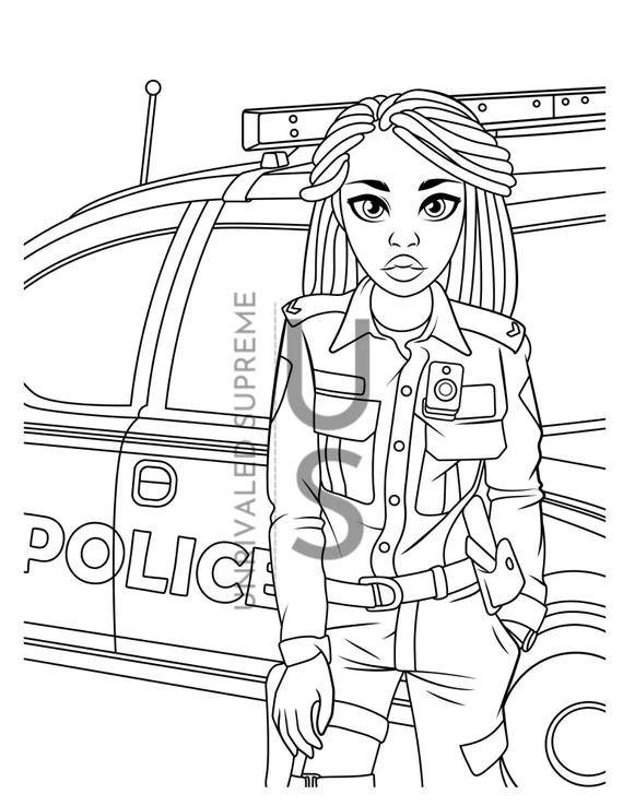 Kindergarten coloring worksheet featuring male and female police officers for physical science class