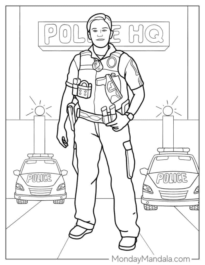 Kindergarten worksheet featuring a printable police officer coloring page for kids