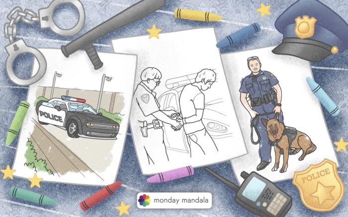 Coloring pages featuring male and female police officers for kids to color