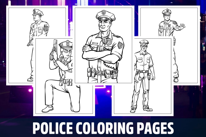 Police officer coloring pages featuring boys and girls for kids to color