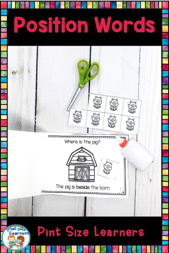 Kindergarten worksheet featuring a messy room scene to help students practice position words