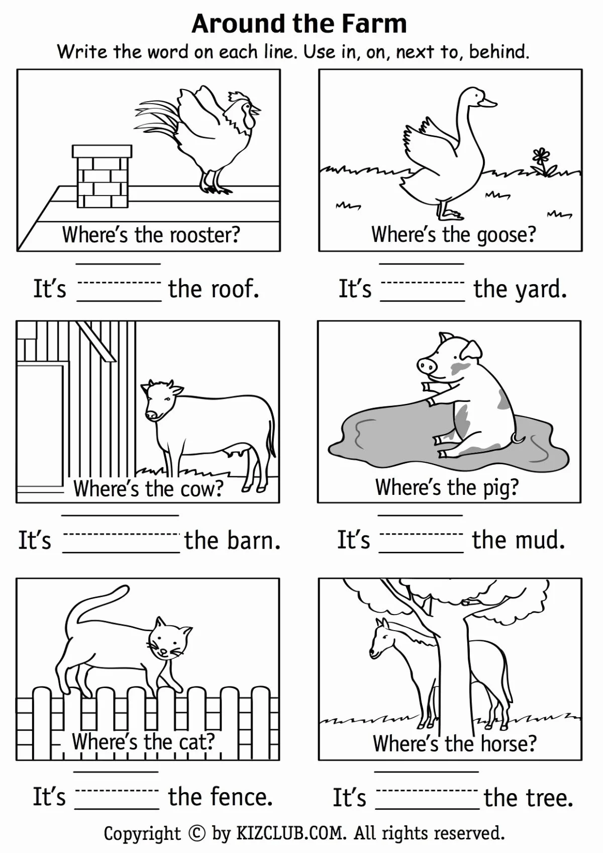 Kindergarten worksheet featuring a messy bedroom scene to practice position words