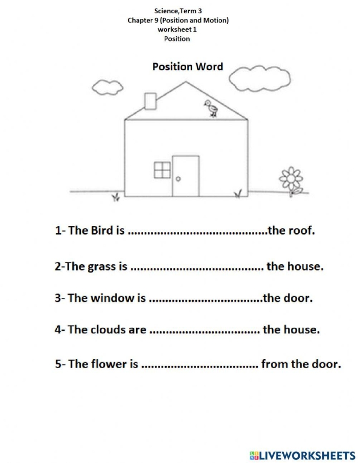 Kindergarten position words worksheet featuring a messy bedroom scene for children to organize